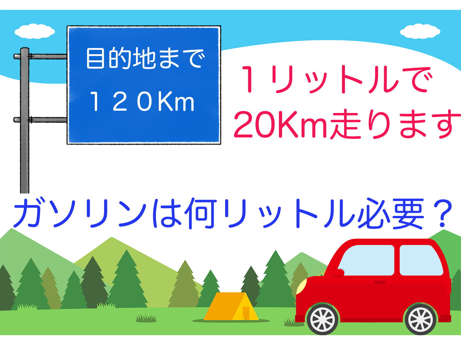 日常生活での一次方程式の応用例を示すイラスト